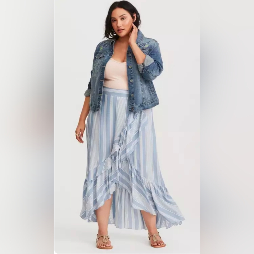 Torrid Blue And White Stripe Ruffle High Low Wrap Maxi Skirt Size 1X (14-16)